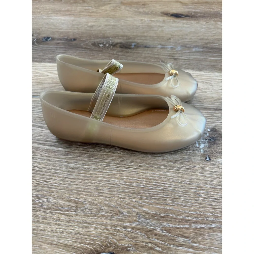 Mini Melissa Sophie INF Mary Jane Jelly Flats Kids Size 1 Pearly Beige Bow Gold